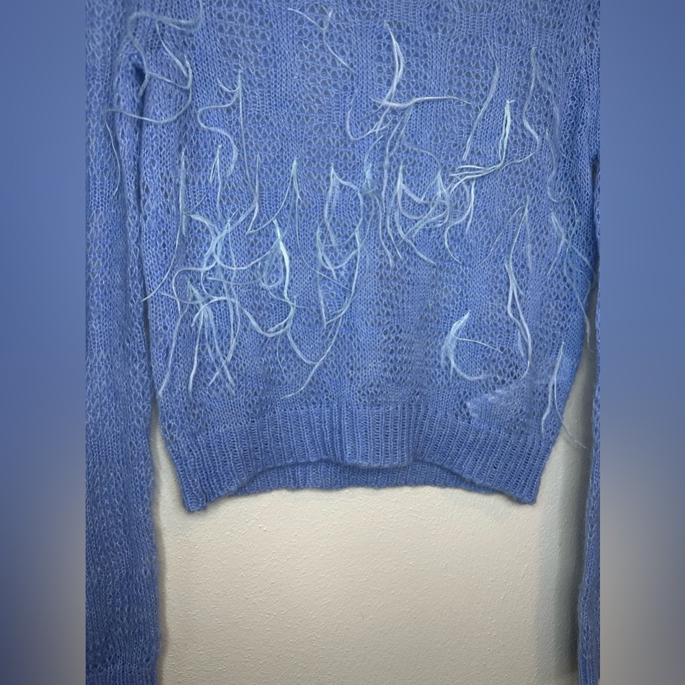 Zara Womens Knitted Sweater Pullover Feather Fringe Size M Blue Wool Blend - Picture 5 of 11